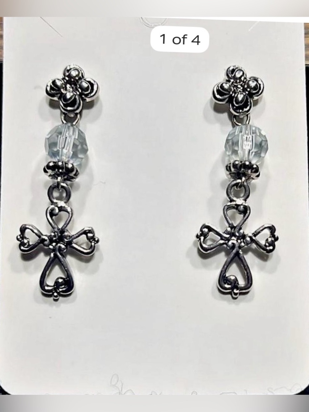 Handmade Women’s Silver-tone Cross Drop Earrings with Clear Crystal Bead